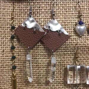 Handmade Brown Leather and Crystal Earrings